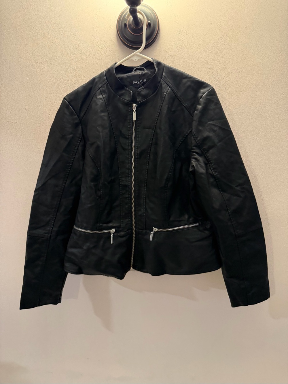 Baccini Womens Black Faux Leather Moto Jacket Zip Front Mandarin Collar Large